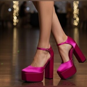 NWOB Jeffrey Campbell Edie Fuchsia Pink Satin Closed Toe Platforms – Size 8.5